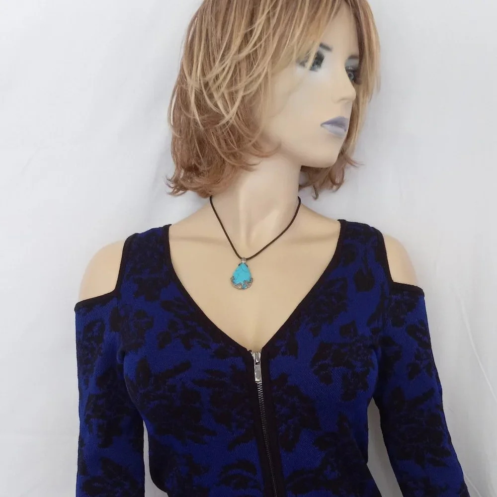 Eye-Catching CACHE Blue/Black Full Zip Bodycon Dress Cold Shoulder, Sz M - Picture 3 of 3